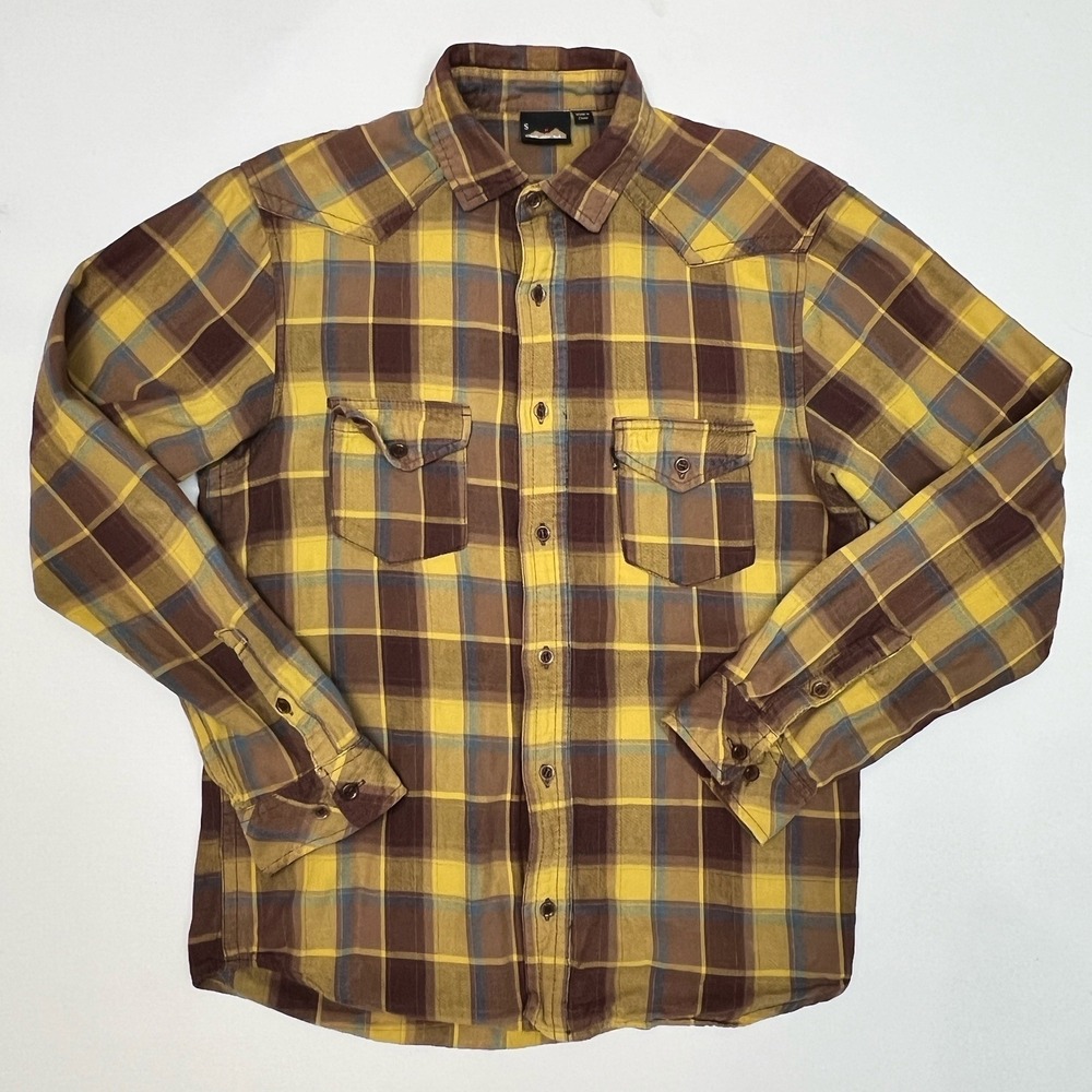 Kavu Shirt Men's Small Yellow Blue plaid Long Sleeve Button Up outdoor Western